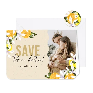 Stijlvolle save the date botanisch zomer mediterraans fruit